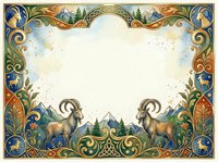Ornate vintage frame with decorative scrollwork, forest landscape, and mountain goats on cream background. Isolated design element suitable for invitations, certificates, and vintage-themed projects.