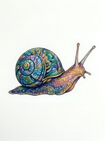 Colorful snail with intricate spiral shell and patterned body isolated on white background, ready for design projects, clipart, and merchandise applications.