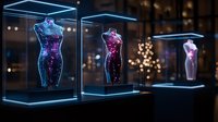 Futuristic holographic mannequins in glass displays emit vibrant blue and purple neon glow against dark background, creating modern retail window installation.