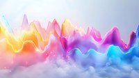Vibrant multicolored waves with glowing light effects create dynamic abstract background with soft clouds and gradient transitions from warm to cool spectrum colors.