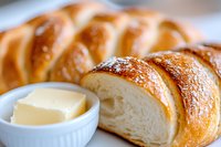 Fresh baked golden croissant with flaky layers and butter pat in white ceramic dish, extreme close up showing delicate pastry texture and glossy surface.