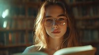 Young Asian woman with glasses reading book in library with warm lighting and bookshelves in background.