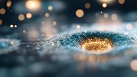 Magical glowing golden light emerging from blue textured surface with bokeh effect and shallow depth of field creates dreamy atmospheric background.