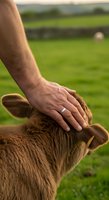 Close-up of a farmer's hand petting a brown cow in a lush pasture, showing care and connection between livestock handler and animal on rural farm.