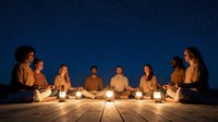 Group of diverse young adults sitting in circle on wooden deck under starry night sky practicing meditation and mindfulness with glowing lanterns creating peaceful atmosphere.
