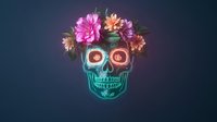 Glowing neon skull with pink peony flower crown against dark background, mystical sugar skull art with illuminated eye sockets and floral decoration.