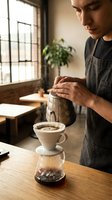 Professional male barista preparing pour over coffee with precision in modern cafe workspace with natural lighting and industrial windows.