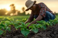African American farmer tending to young green vegetable plants in fertile soil during golden sunset hour, showcasing sustainable agriculture and organic farming practices.