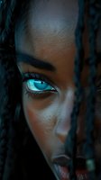 Striking close-up portrait featuring an intense blue eye with dramatic lighting and dark shadows, perfect for beauty, mystery, or fashion campaigns highlighting diversity and natural beauty.