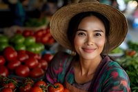 Young Asian woman vendor in straw hat smiling at farmers market produce stand with fresh red tomatoes and vegetables, expressing warmth and authenticity.