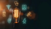 Vintage Edison bulb glowing with medical neon icons including stethoscope, DNA, microscope and prescription symbols representing healthcare innovation.
