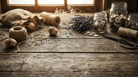 Rustic wooden table with vintage sewing supplies, spools of thread, buttons, scissors and fabric creating cozy crafting workspace atmosphere.