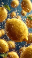 Fresh lemons splashing in water with water droplets against blue background, creating dynamic food composition for beverage advertising.