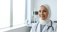 Smiling Middle Eastern female doctor wearing hijab and white coat with stethoscope in modern medical office for healthcare and diversity concepts.