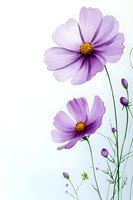 Delicate purple cosmos flowers with soft petals and yellow centers bloom against light background, accompanied by unopened buds and graceful stems.