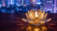 Golden crystal lotus candle holder glowing warmly on wooden surface against blurred city lights background creating peaceful ambiance for meditation and relaxation.