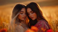 Two young women with long hair embracing tenderly in golden wheat field during sunset, creating intimate moment with warm lighting for lifestyle content.