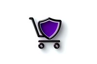 Shopping cart with protective shield icon in purple and black on white background, isolated design element for e-commerce security and safe online shopping concepts.