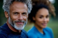 Mature Caucasian man with gray curly hair and beard smiling outdoors with blurred woman in background during golden hour lifestyle portrait.