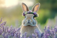 Adorable bunny wearing flower crown of purple wildflowers sits among blooming lavender field at sunset, creating magical spring atmosphere. Perfect for greeting cards.