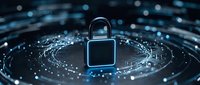 Digital padlock floating above rippling water surface with glowing blue circuit patterns and bokeh lights creating cybersecurity data protection concept.