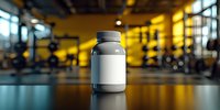 White supplement container with blank label on gym background, fitness equipment and yellow walls blurred in background, mockup for sports nutrition product.