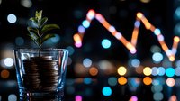 Growing plant on stack of coins in glass with financial chart and bokeh lights background, representing investment growth and financial prosperity.