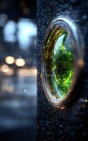 Glowing green traffic light close-up with bokeh background and water drops, creating atmospheric urban nighttime ambiance for transportation and safety concepts.