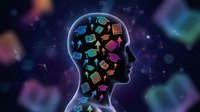 Human head silhouette filled with colorful geometric shapes on dark space background with network connections representing creativity and innovation.