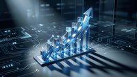 Futuristic holographic bar chart with upward arrow showing business growth and financial success on digital technology background with data visualization.