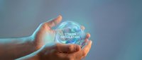 Hands protecting glowing sphere with stress regulation text, mental health wellness concept for healthcare and mindfulness applications.