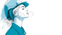 Young woman in profile blowing bubble gum wearing baseball cap and casual clothing in trendy teal blue illustration style on white background.