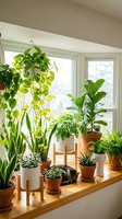 Bright sunny window sill filled with various green houseplants in terracotta and white pots creating cozy indoor garden atmosphere for home decor.
