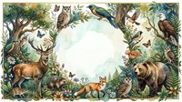Forest animals frame with deer, bear, fox, owl and birds creating natural border for text or design projects.