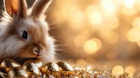 Adorable brown bunny rabbit on golden bokeh background with Christmas ornaments and glitter, creating magical holiday atmosphere for seasonal greeting cards.