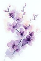 Watercolor purple cherry blossom branch with delicate flowers and buds on white background for spring designs and botanical artwork.