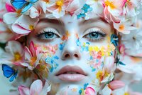 Close up portrait with bright artistic makeup featuring colorful floral elements, blue butterflies, and delicate pink petals surrounding feminine face with intense blue eyes.