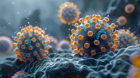 Microscopic view of virus cells with orange spikes floating in blue atmospheric background, scientific medical visualization for healthcare and research purposes.