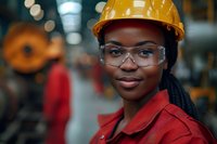 Young African American female engineer wearing safety helmet and protective glasses smiles confidently in industrial setting. Perfect for workplace diversity and women in STEM campaigns.