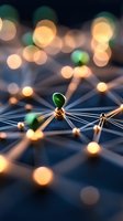 Abstract network visualization with glowing nodes and connecting lines, featuring warm orange bokeh lights and green accents against dark background. Represents connectivity.
