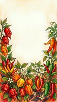 Colorful hand-drawn pepper plants with red, orange, and yellow bell peppers and chili peppers arranged on aged cream background. Botanical frame design for culinary, gardening, recipe cards, and kitchen decor projects.