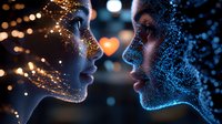 Magical romantic couple face silhouettes with glowing gold and blue particle effects against dark background with bokeh lights and heart shape blur.
