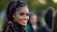 Young African American woman with braided hairstyle and colorful headscarf smiling outdoors in natural lighting, displaying genuine happiness and confidence. Perfect for lifestyle content.