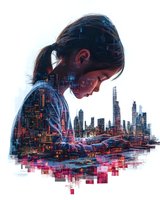Double exposure portrait of Asian woman merged with night cityscape showing modern skyscrapers and urban lights in red and blue tones against white background.