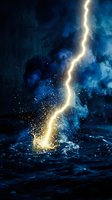 Dramatic lightning bolt strikes dark ocean waters creating golden sparks and illumination against stormy blue clouds for powerful weather concepts.