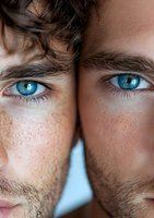 Close-up portrait of two faces with striking blue eyes and freckles, showing half of each face mirrored against each other in artistic symmetrical composition.