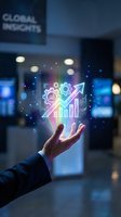 Businessman holding glowing neon holographic business analytics icons with upward arrow, charts, and gears for digital transformation and growth strategy concepts.