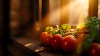 Fresh ripe red tomatoes on vine with water drops in warm sunlight on wooden surface, moody natural lighting creates appetizing atmosphere.