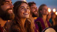 Young diverse friends laughing together at outdoor evening gathering with warm bokeh lights creating joyful social atmosphere for lifestyle content.