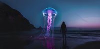 Surreal glowing jellyfish floating above beach at twilight with silhouetted person watching, purple and blue bioluminescent light creating mystical atmosphere.